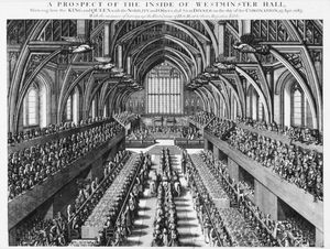 Thumbnail image for A Prospect of the Inside of Westminster Hall, showing how the King and Queen, with the Nobility and others, did sit at Dinner on the day of the Coronation, 23rd Apr. 1685