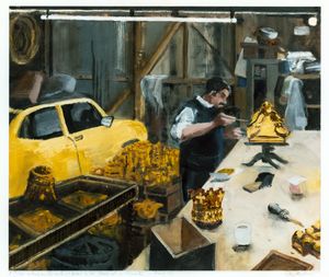 Thumbnail image for A Gilder working on the restored bosses in his garage at L. Edmonton